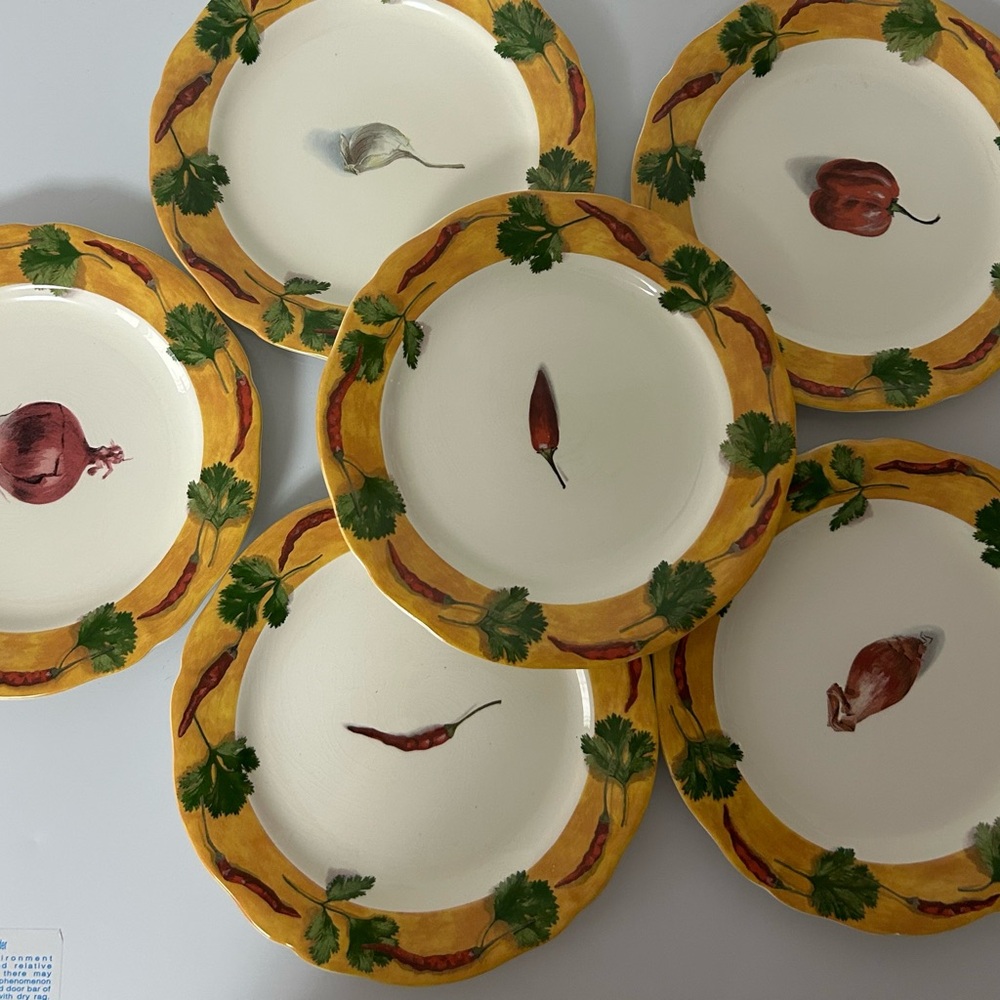 Gien France “Poivre et Sel” Plate Set (6) – Hand-Painted Veggies-8.5 inch